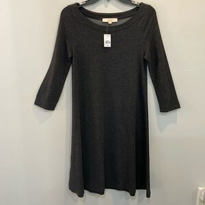 LOFT XS Gray Marled Knit Swing Dress 3/4 Sleeve A-Line Stretch NWT